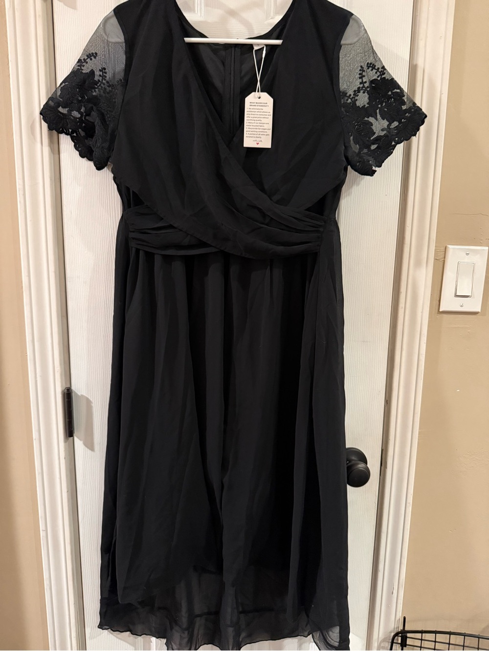 Elegant Black Lace Sleeve Wrap-Front Women’s Dress